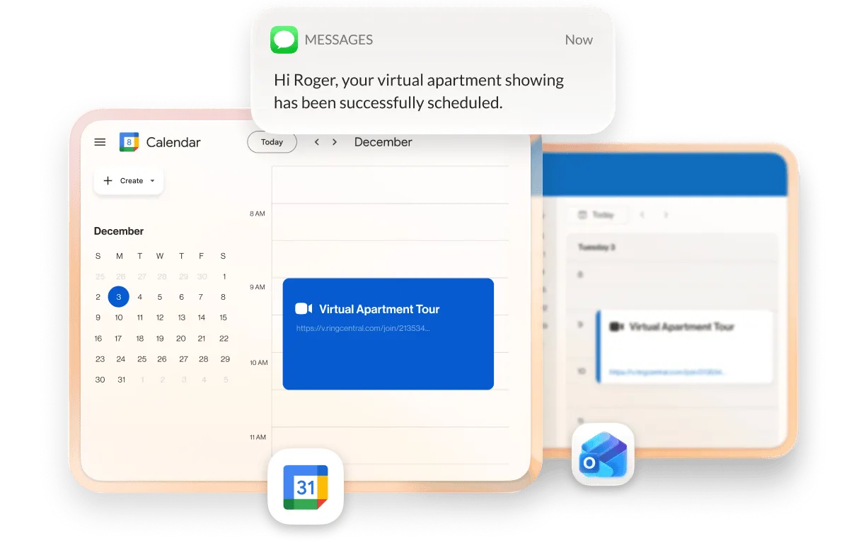 A screenshot displays an Outlook calendar with a scheduled Virtual Apartment Tour meeting, accompanied by a confirmation message in the Messages app.