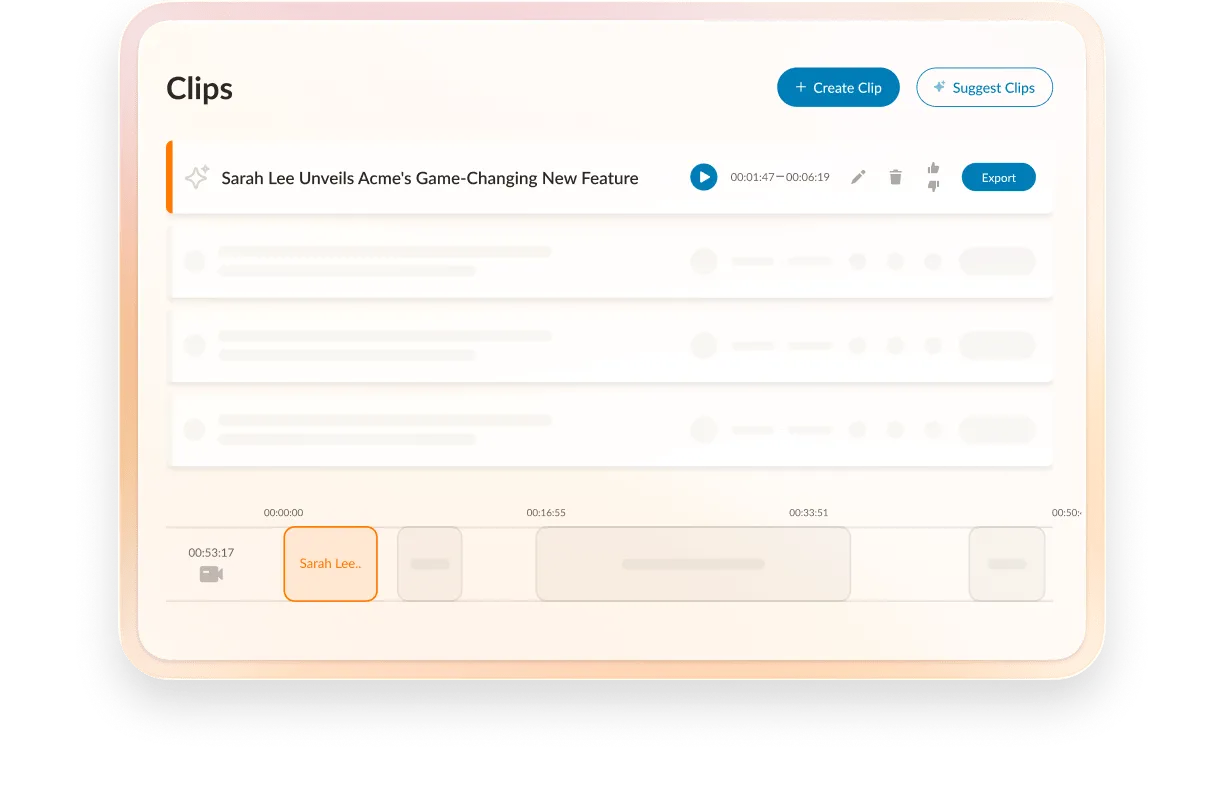 "Clips" dashboard with audio clip list and export option.