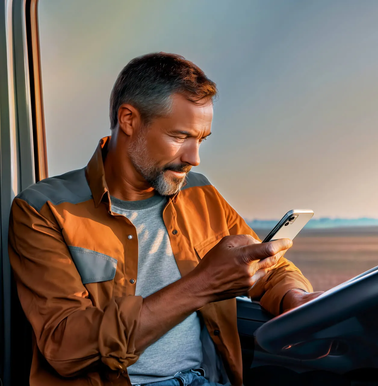 A man sitting in a vehicle, focused on using his smartphone for communication.