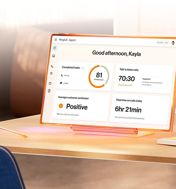 Screenshot of RingCentral CX Agent dashboard displaying completed tasks, customer sentiment, and talk to listen ratio.
