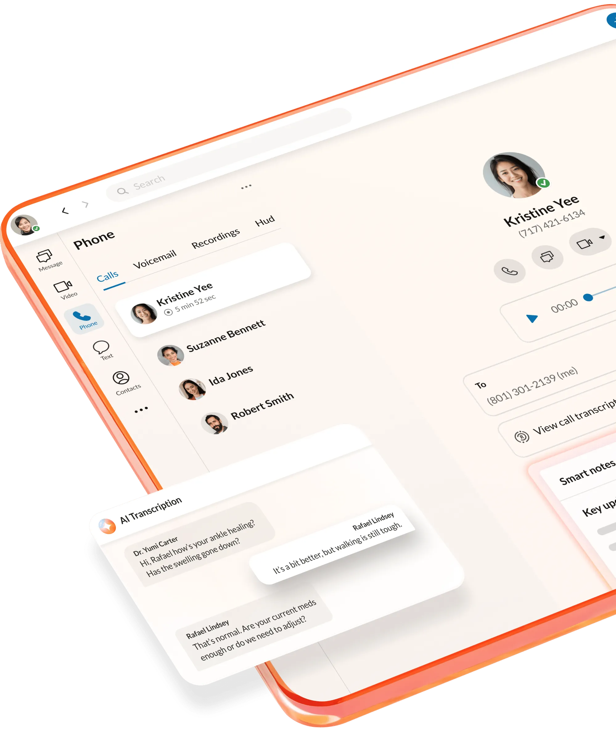 RingCentral phone interface showing call and AI transcription.