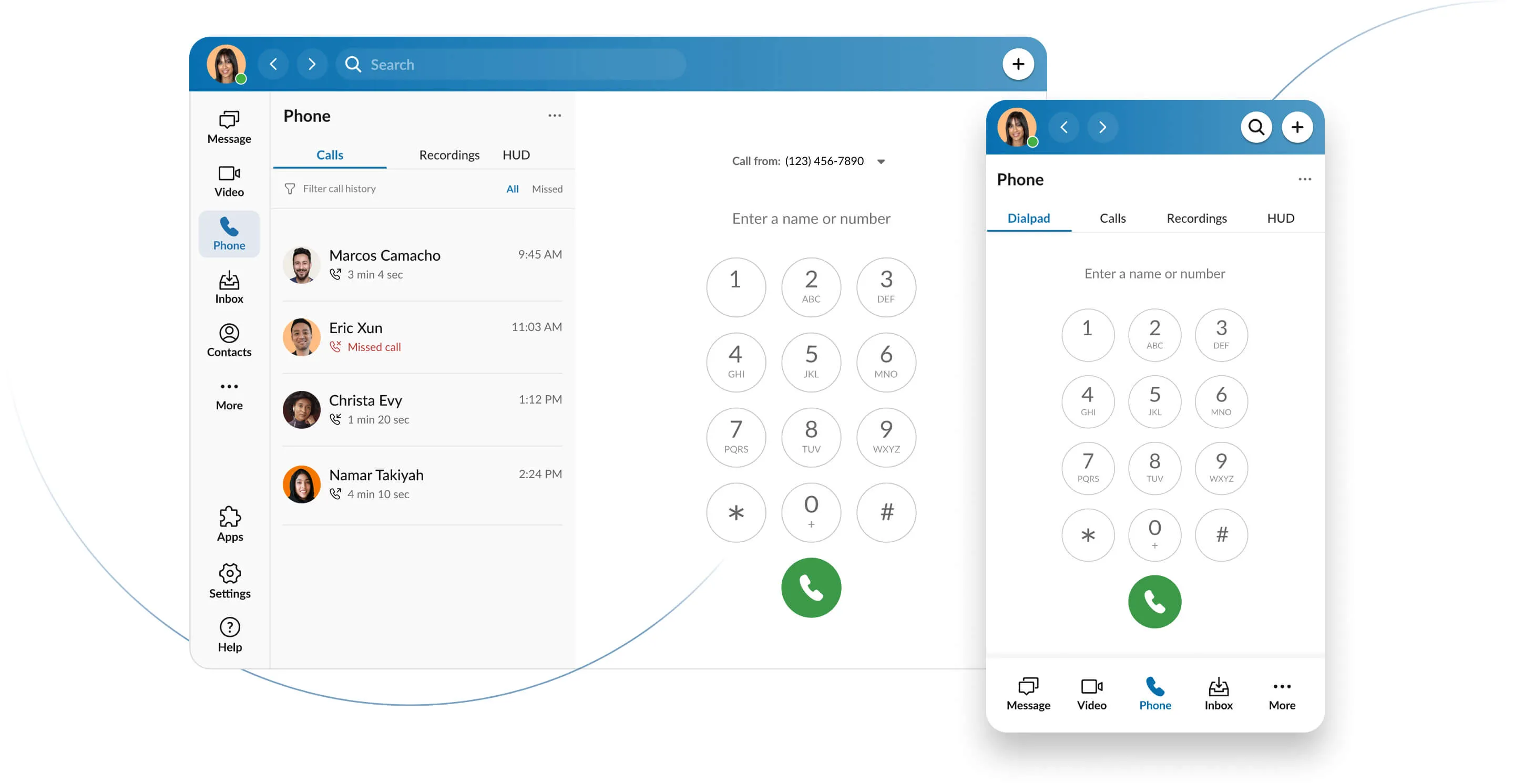 Inbox and phone interface of the updated RingCentral app