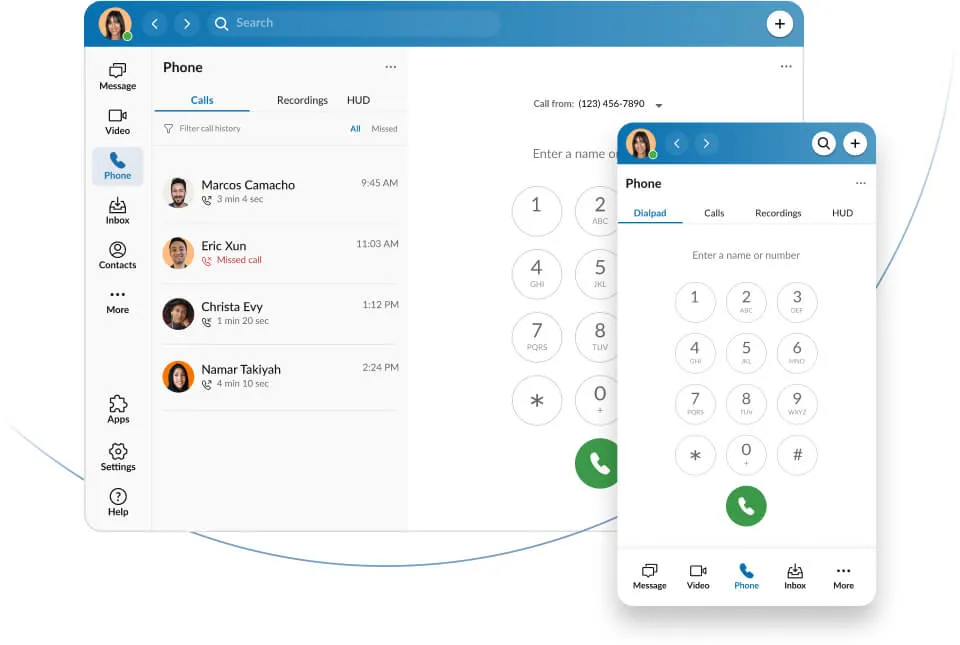 Inbox and phone interface of the updated RingCentral app