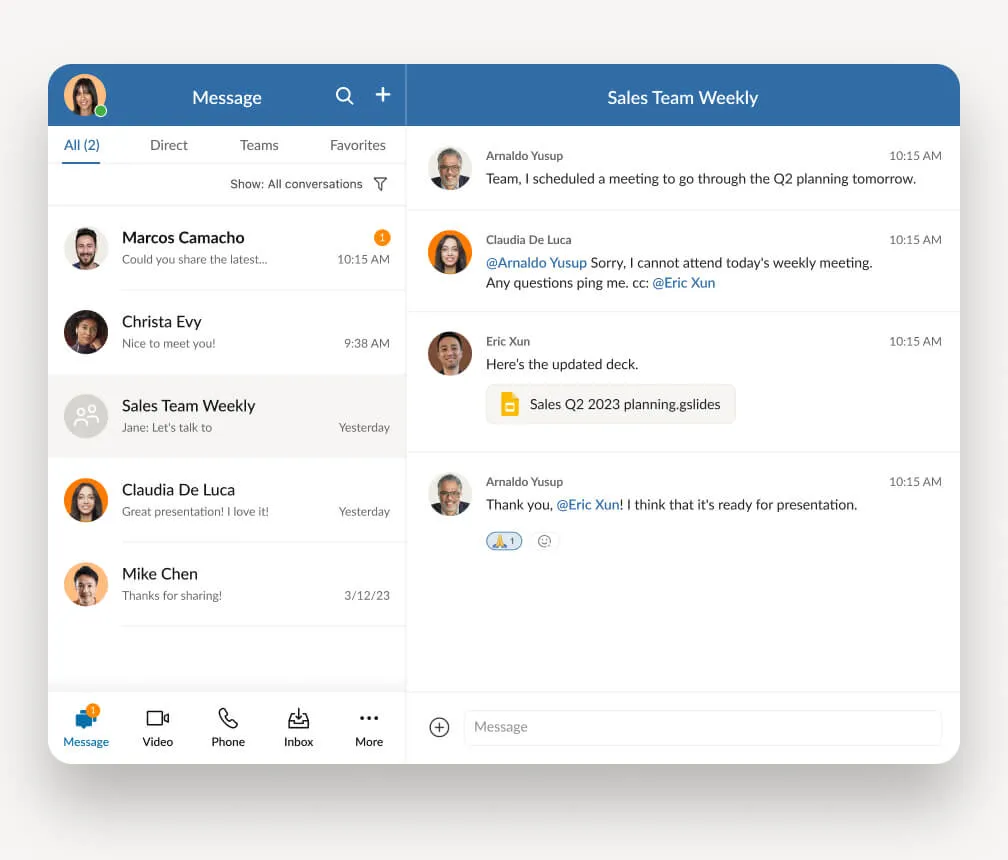 Layout of RingCentral messages when accessed through tablets/iPads