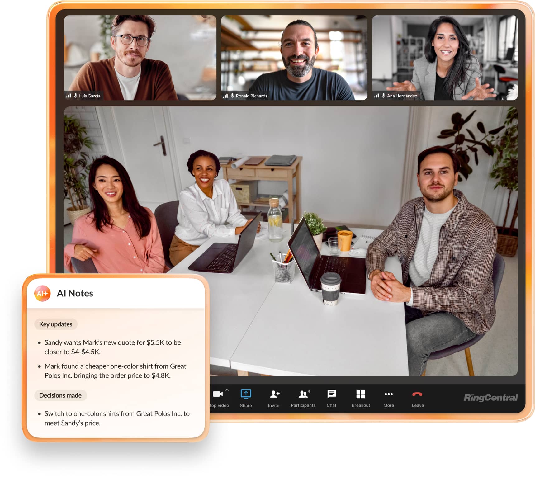 AI notes feature enabled during a RingCentral video meeting