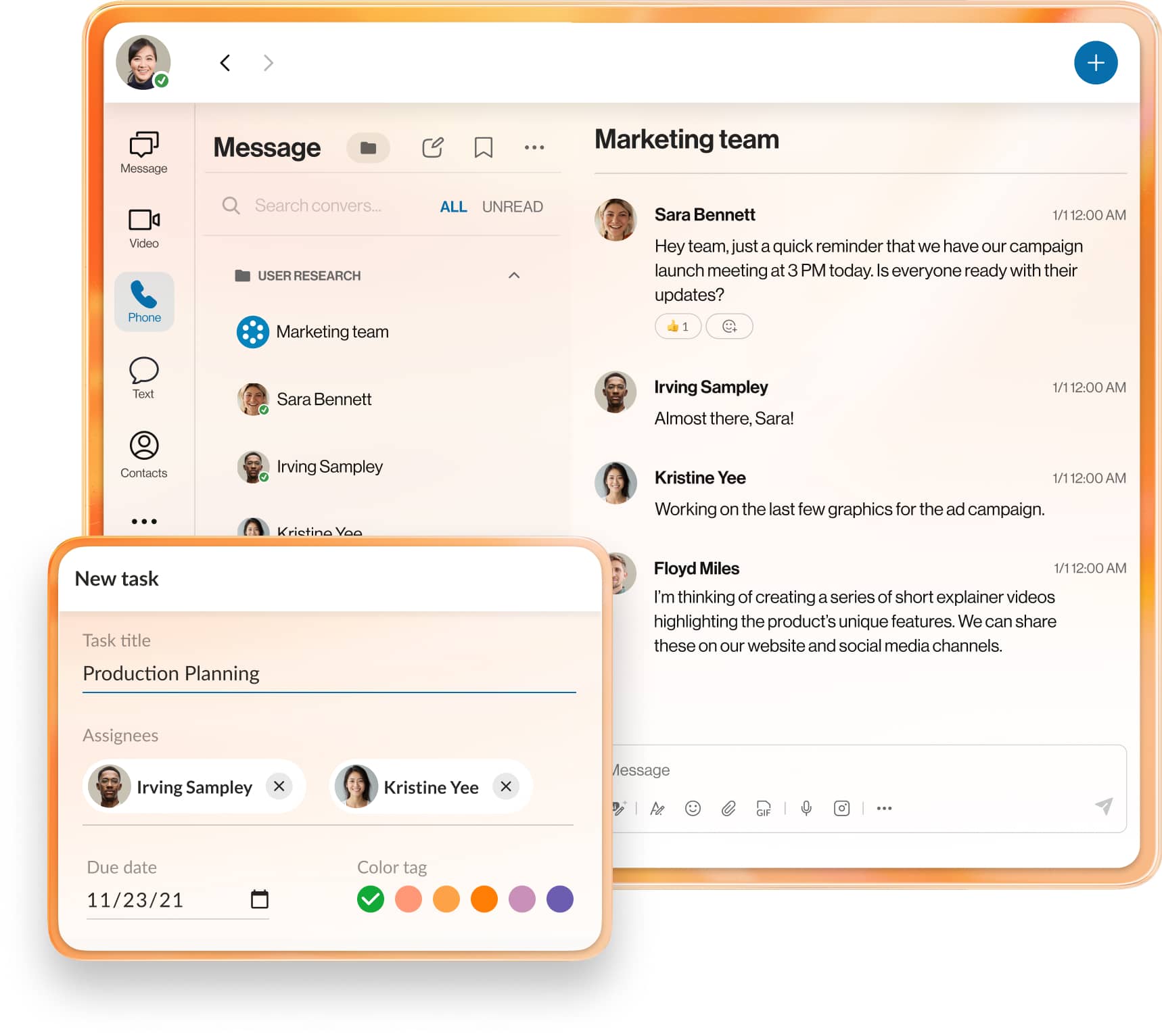 Team messaging and task management features on RingCentral app