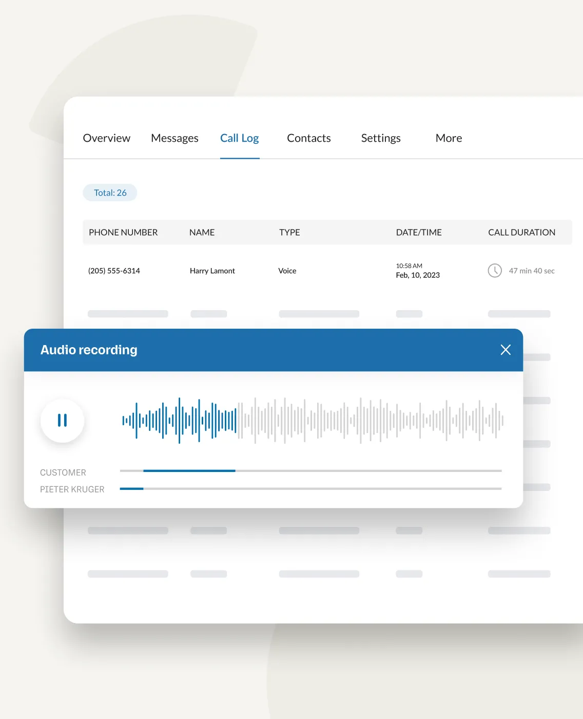 Dashboard for Call Logs displaying an audio recording