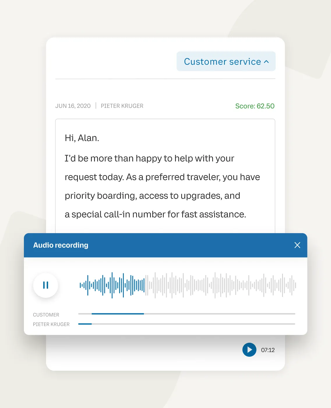 Screenshot of customer service audio recording