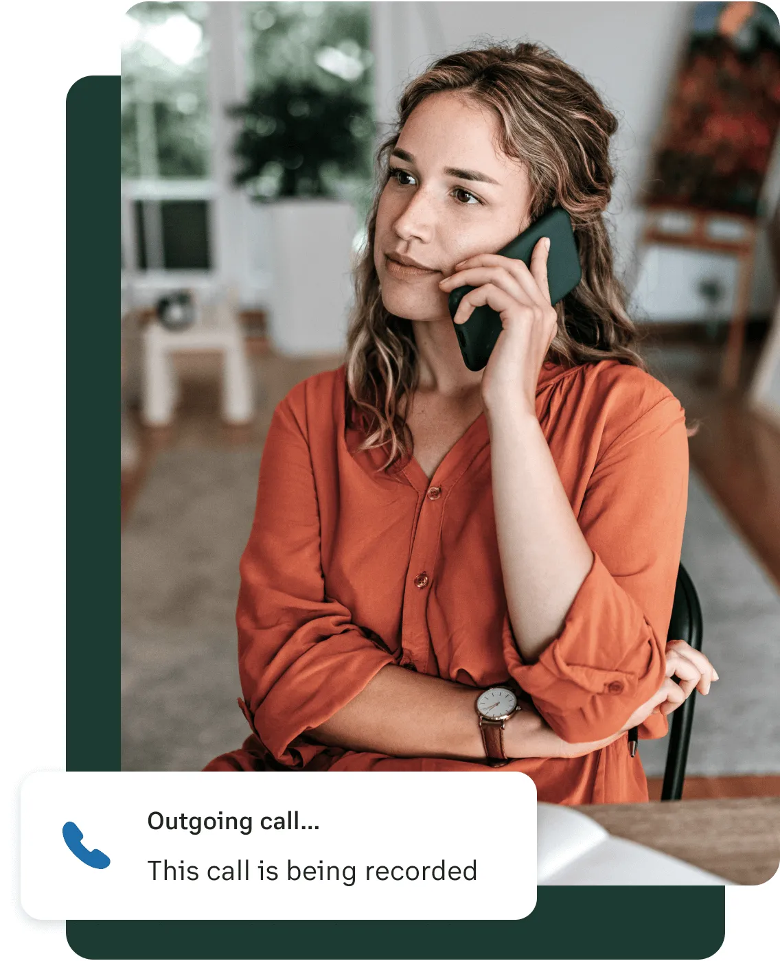 A female on mobile phone recording and out going call