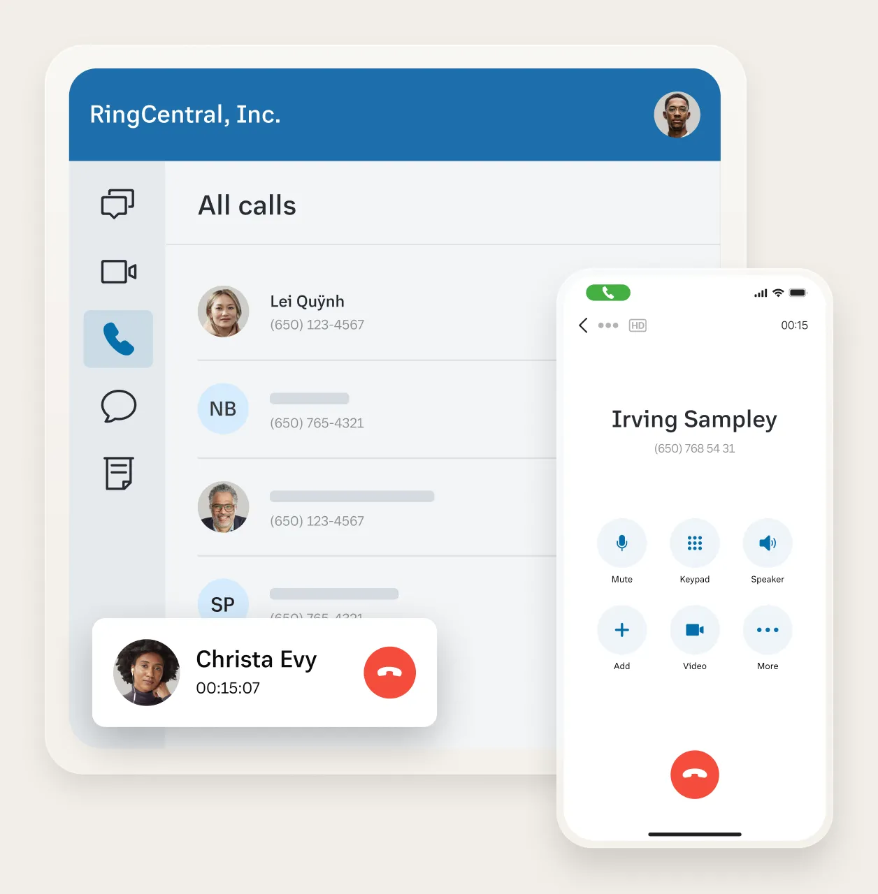 An agent handling an ongoing call with an open list of calls and a dialpad within the RingCentral app