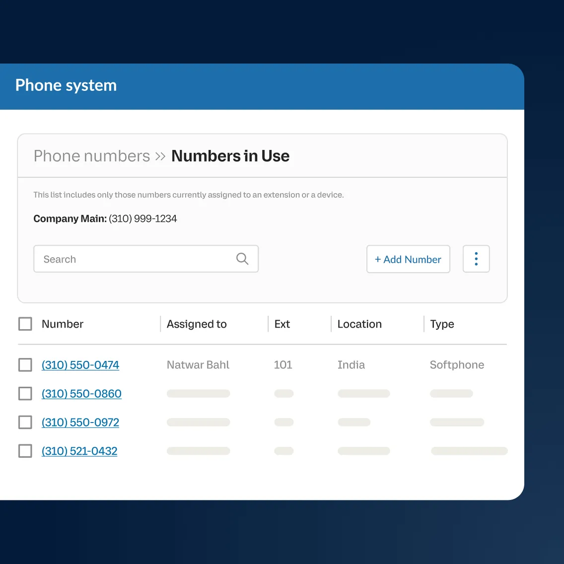 A list of Numbers in Use in a RingCentral appaccount