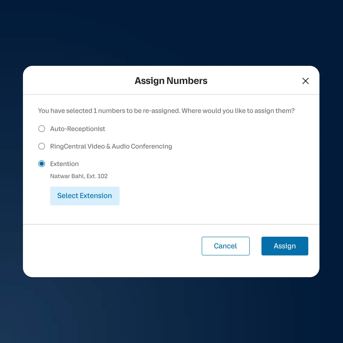 An activated extension number feature of the RingCentral app