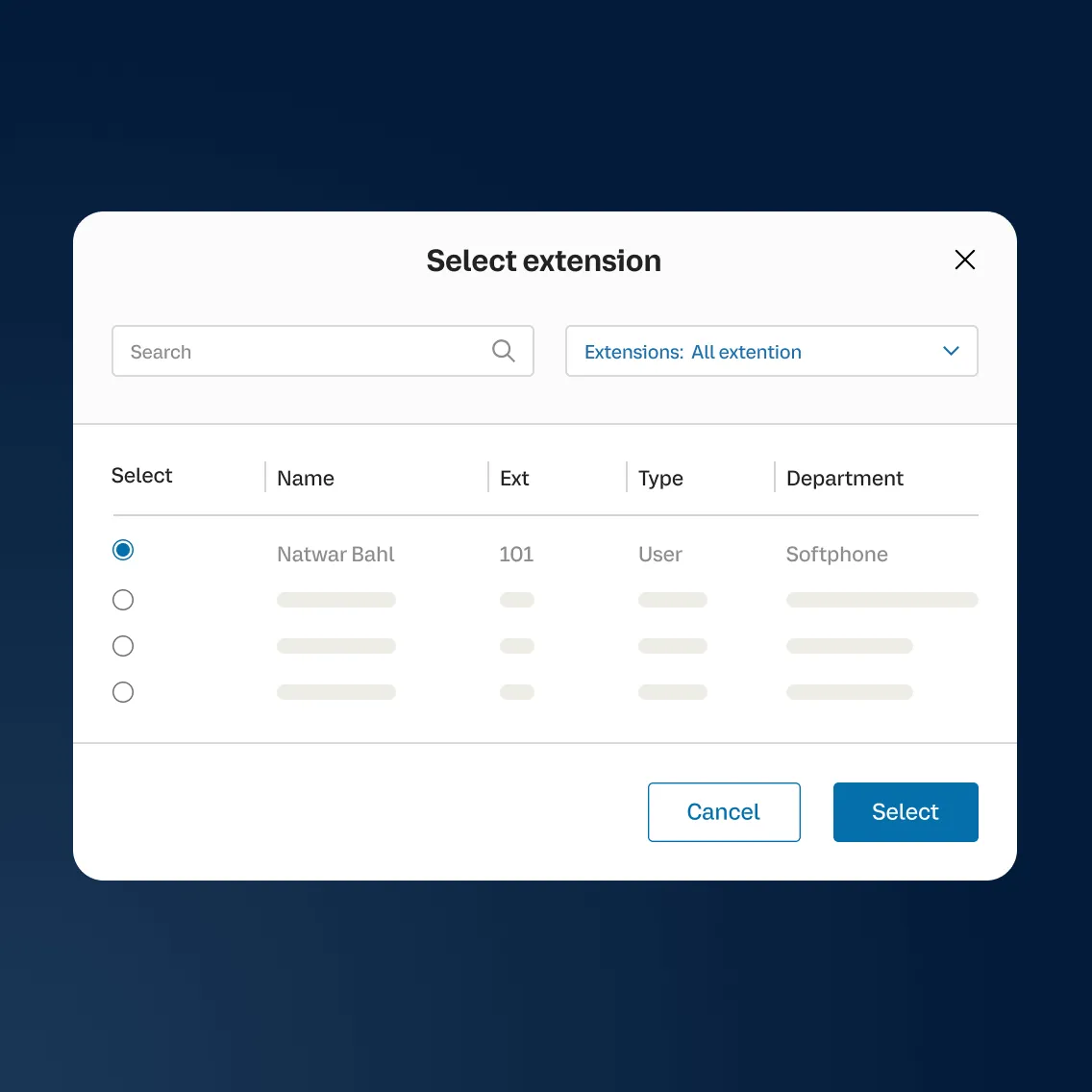 A list of extension numbers in the RingCentral app