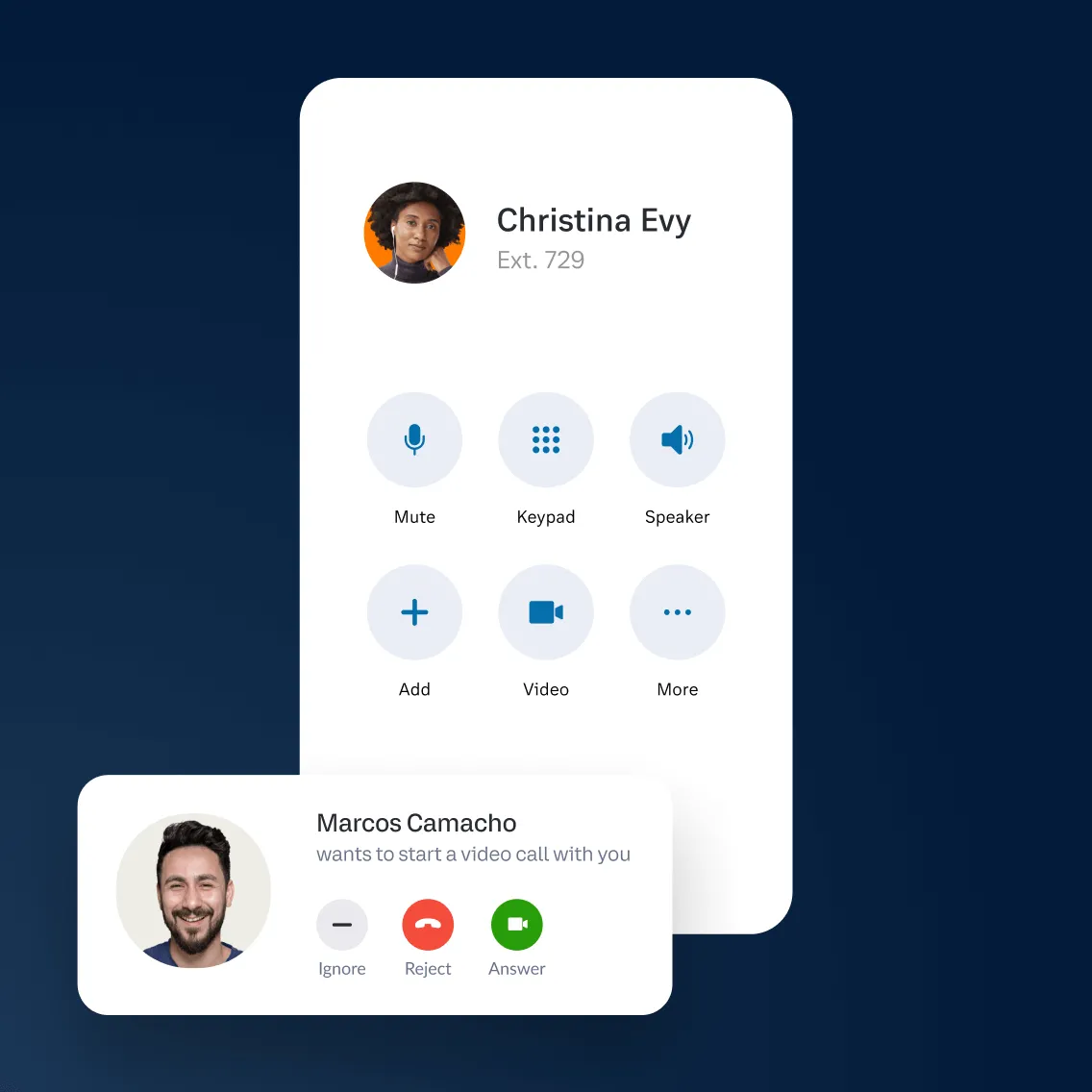 An incoming video call from Marcos Camacho to Christina Evy in the RingCentral mobile app