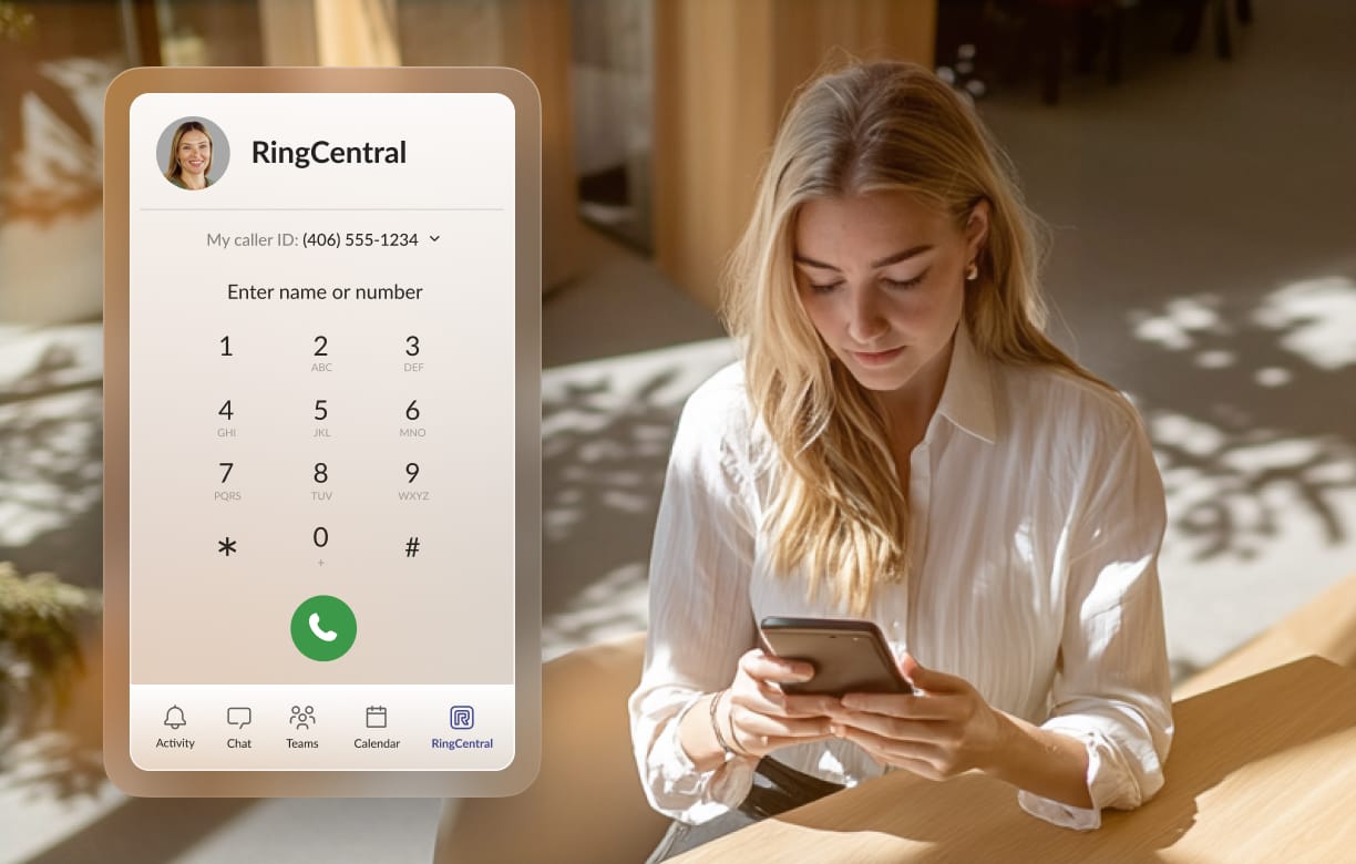 A woman using RingCentral integration with Microsoft Teams to make a phone call via mobile app