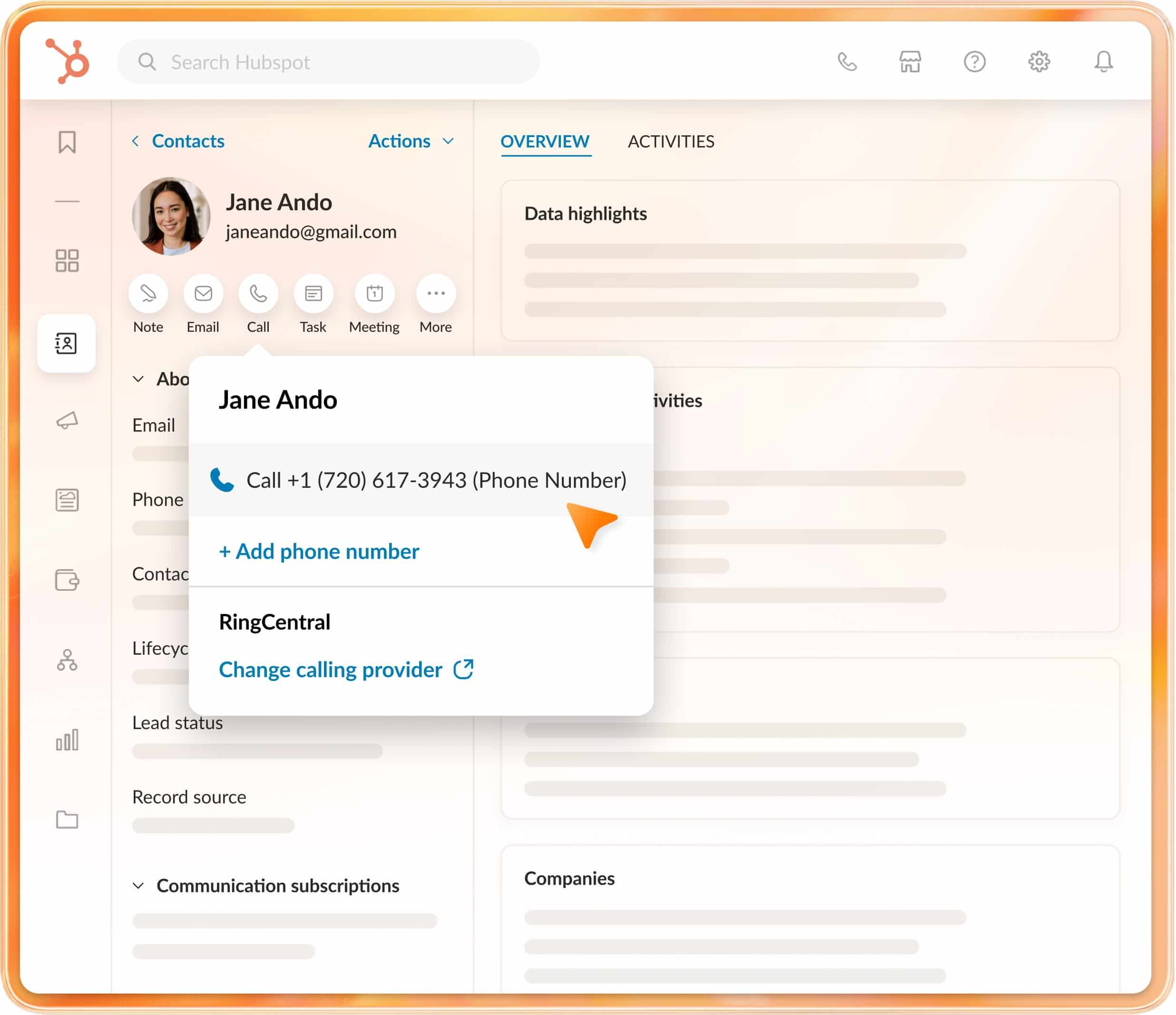 THe Hubspot integration interface in RingCentral with the call contact option clicked