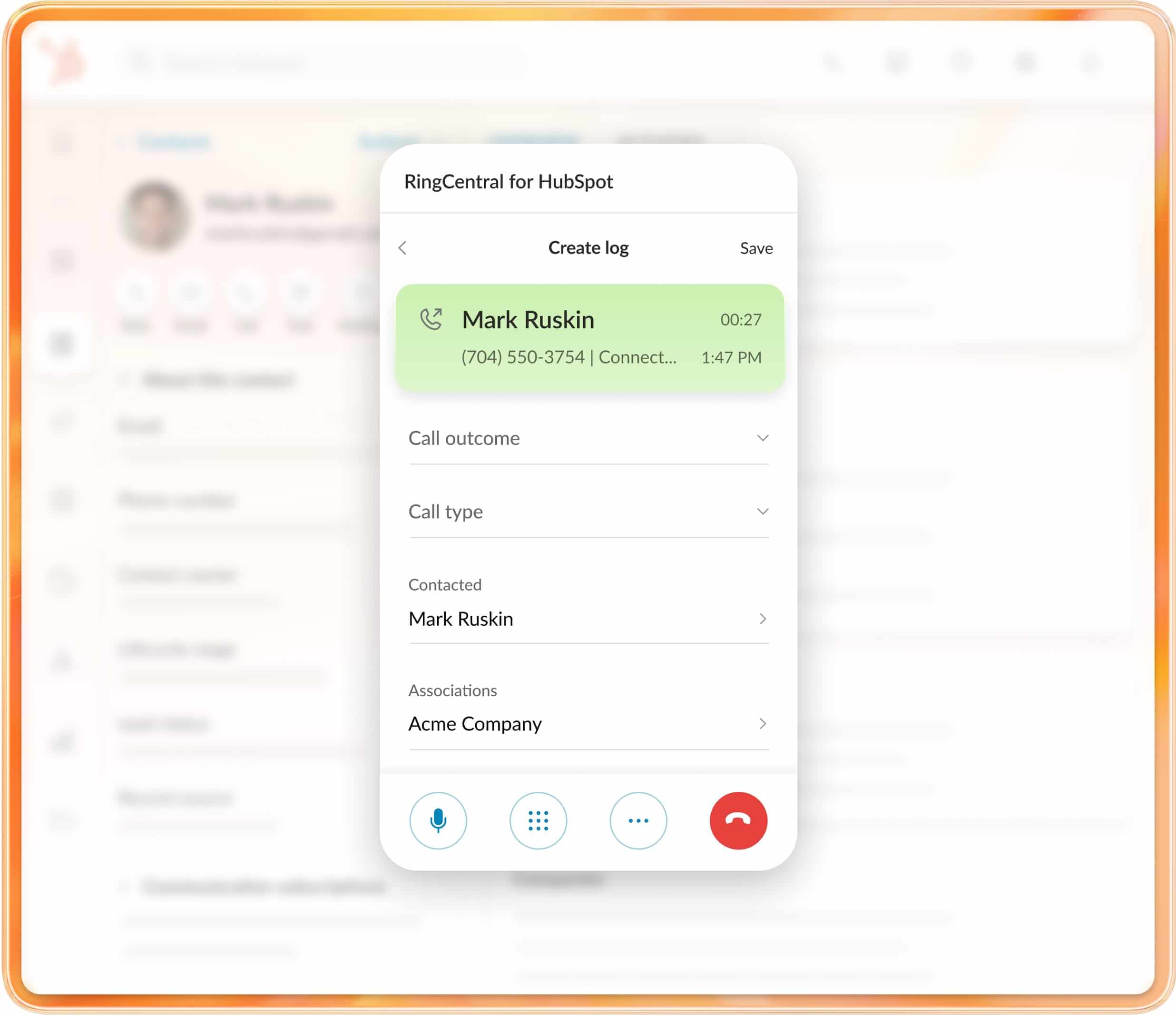 The RingCentral for Hubspot Create log feature