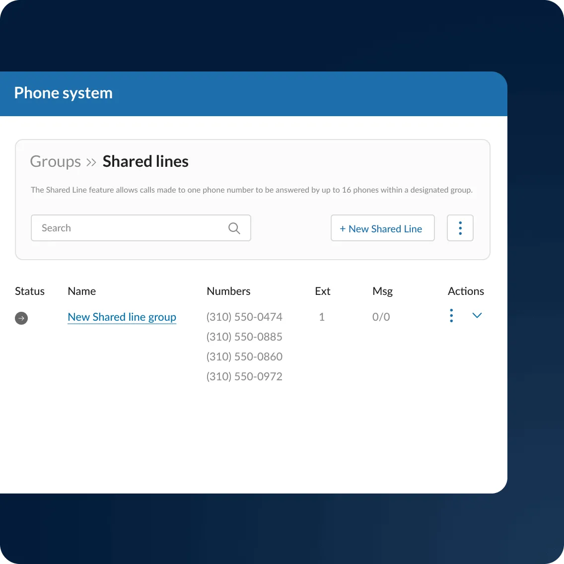 The Shared Lines window of a RingCentral admin account