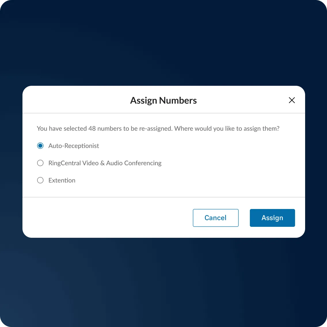 An activated Auto-Receptionist feature in the RingCentral admin app
