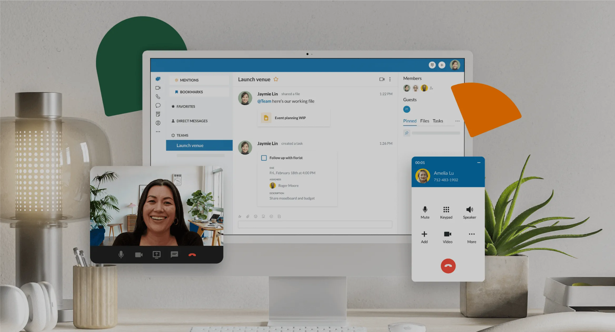 Play video: A woman in a videoconference with inserts of the RingCentral desktop app and dialpad