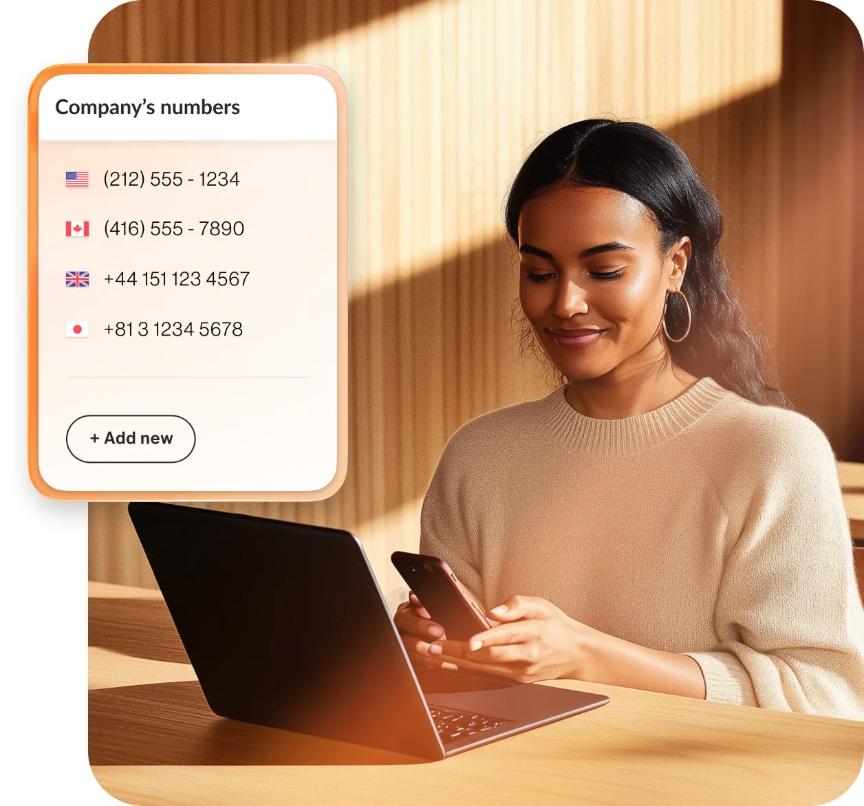 A woman looking at international company numbers on a mobile phone
