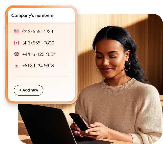 A woman looking at international company numbers on a mobile phone