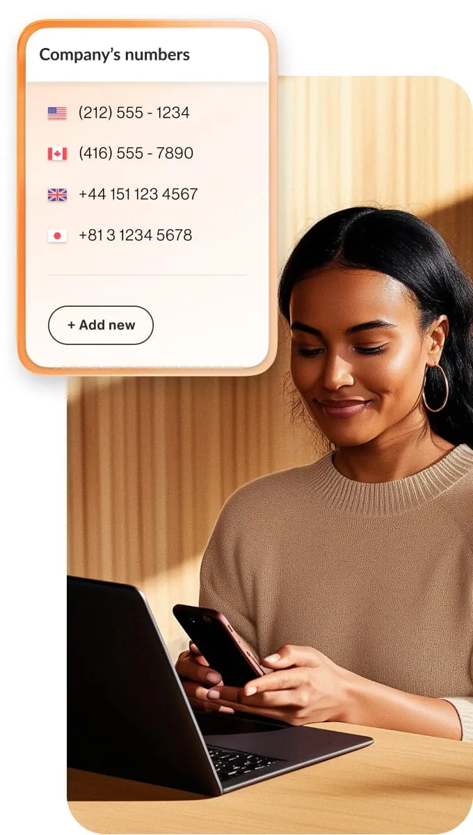 A woman looking at international company numbers on a mobile phone