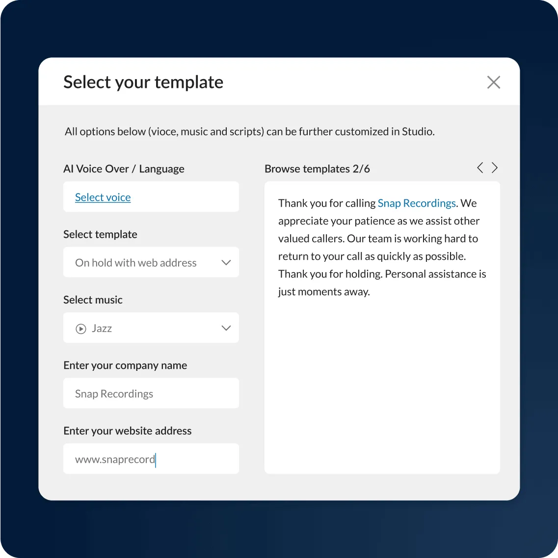 RingCentral Professionally Recorded Greeting's template dashboard