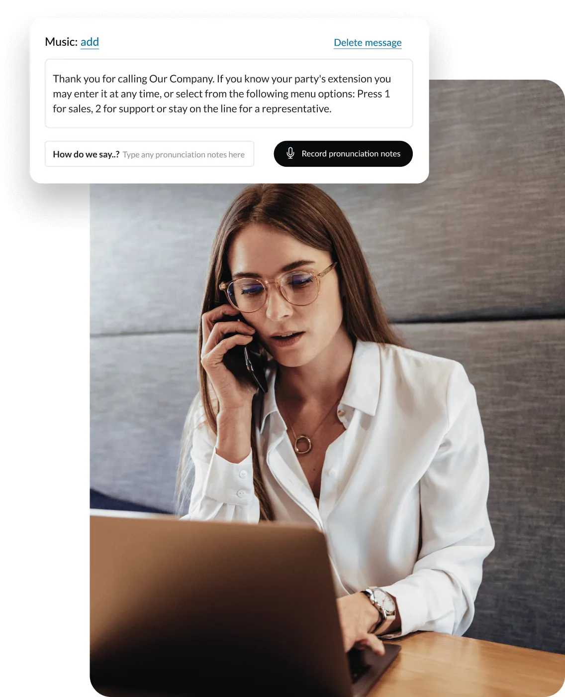A woman hears a professionally recorded greeting from a RingCentral account