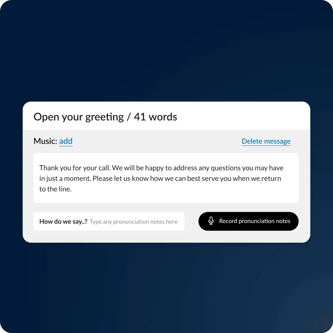 RingCentral Professionally Recorded Greeting's script dashboard