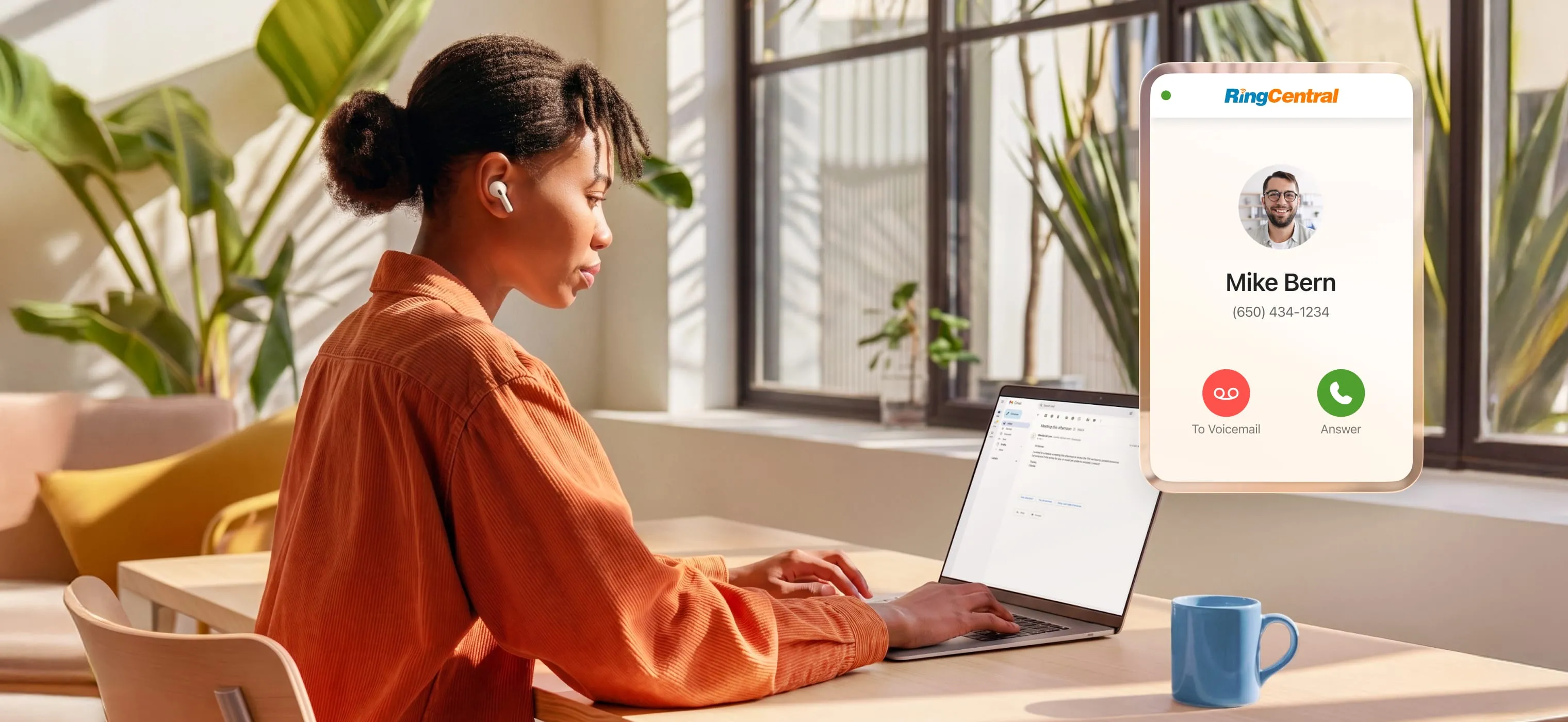 A woman sitting at her desk using a laptop with an inlay of the Google integration in RingCentral app