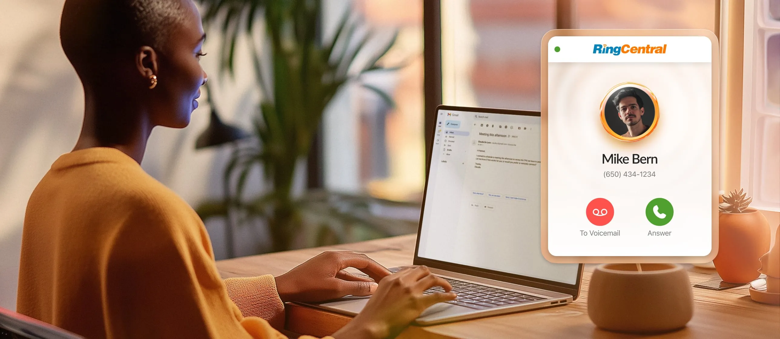 A woman sitting at her desk using a laptop with an inlay of the Google integration in RingCentral app