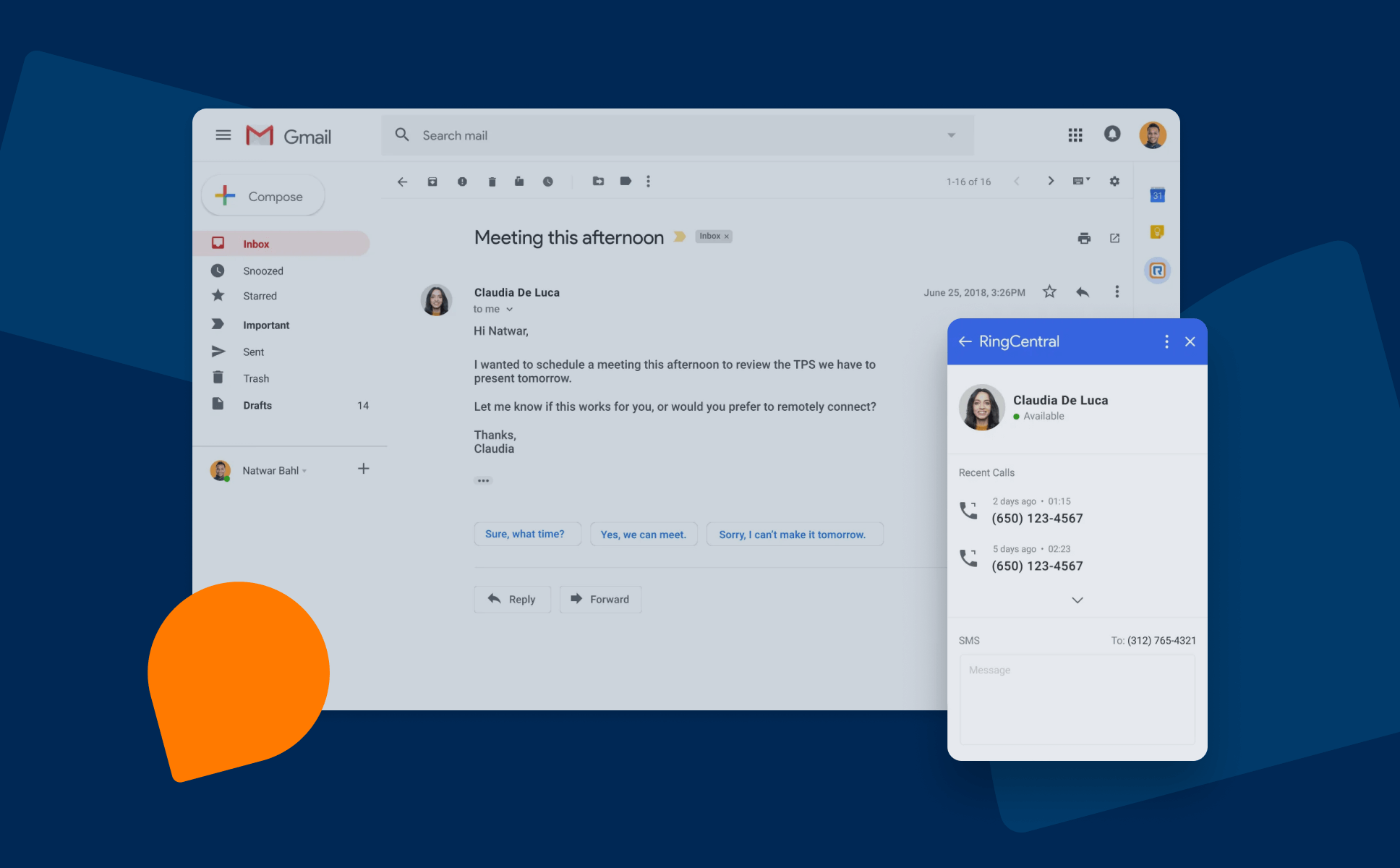 Play Video: A Gmail account open with an insert of a RingCentral extension