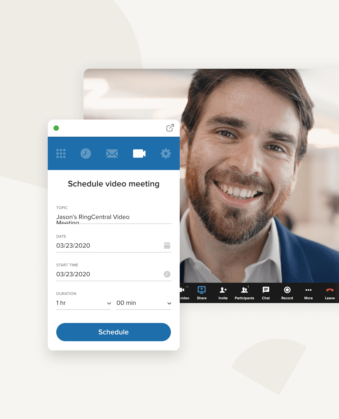 A male employee using RignCentral for Google Chrome to schedule a video meeting