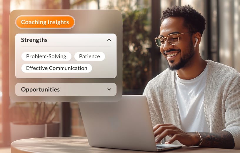 A man working on a laptop at home using the RingCentral RingCX Coaching Insights feature.