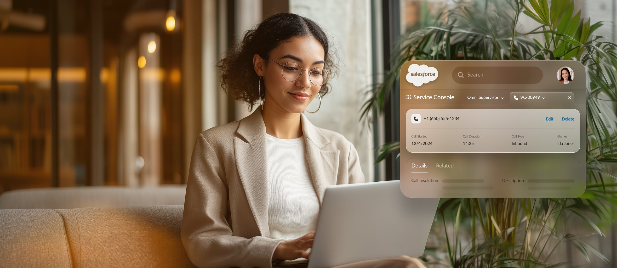 A woman sitting on a couch using her laptop with an inlay of the Salesforce integration in RingCentral app