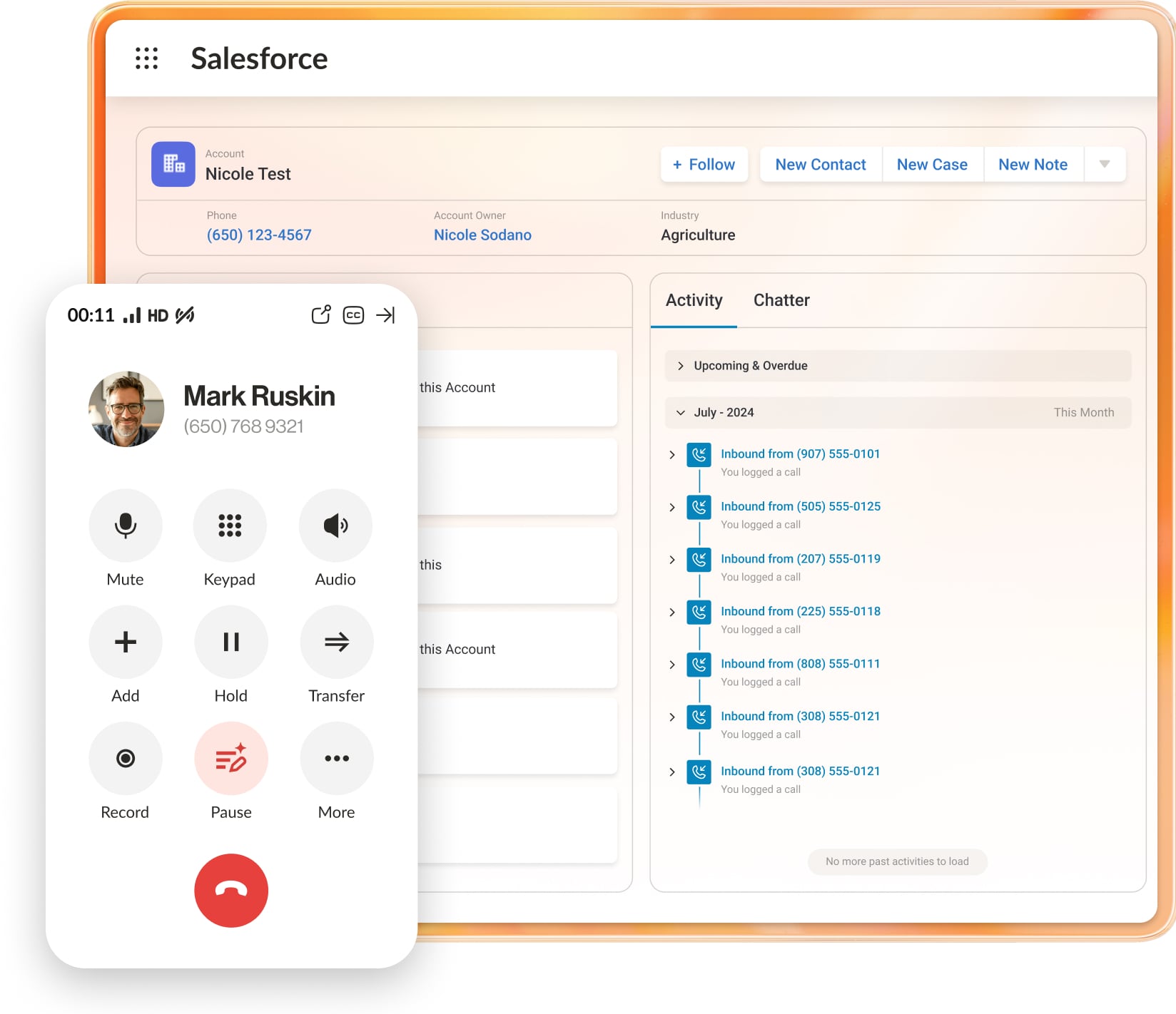 The unified view for Salesforce integration in the RingCentral app, including an insert of the dialer pad