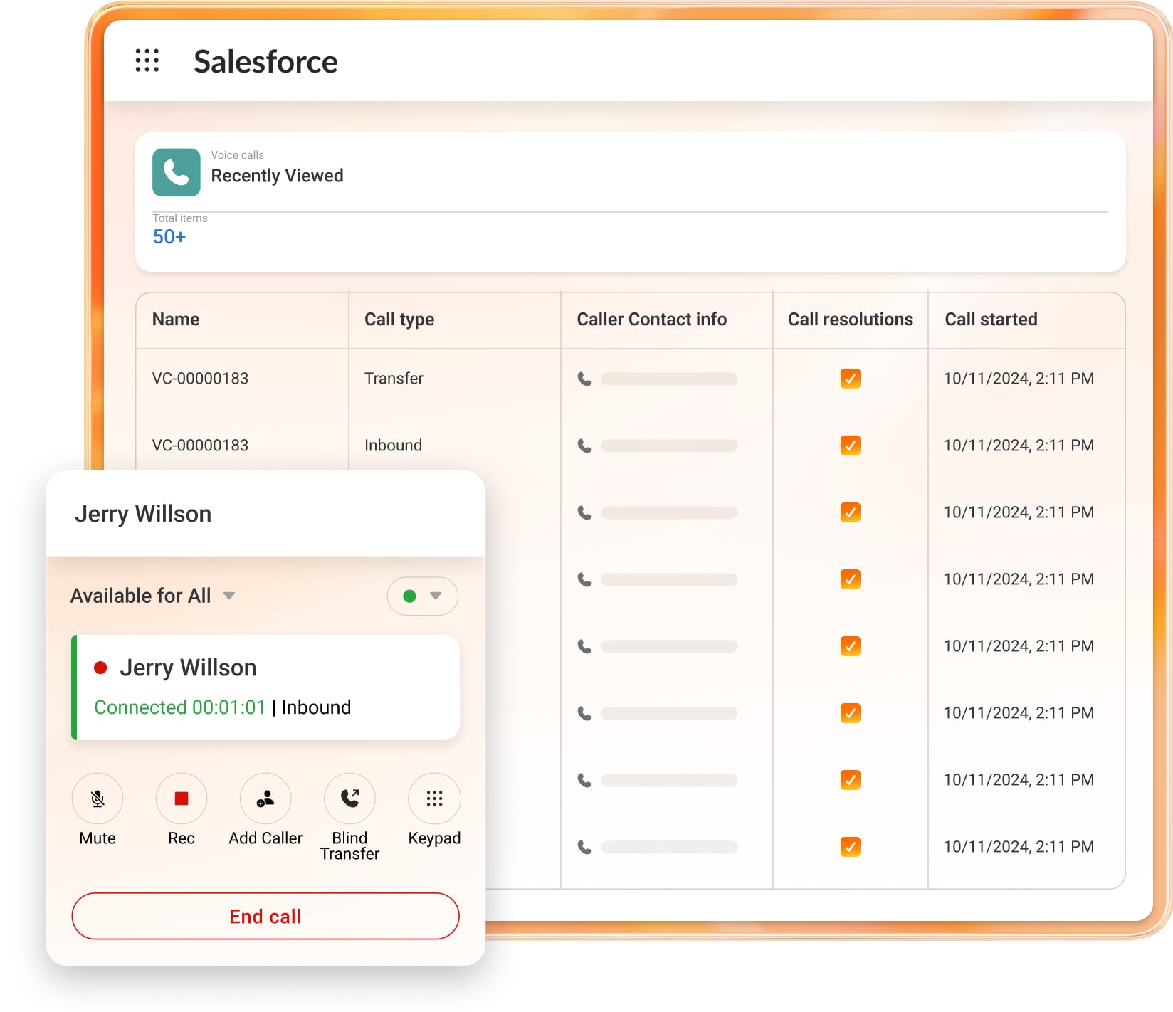 The Salesforce Recently Viewed Calls dashboard with an insert of an active call shown in the dialer pad