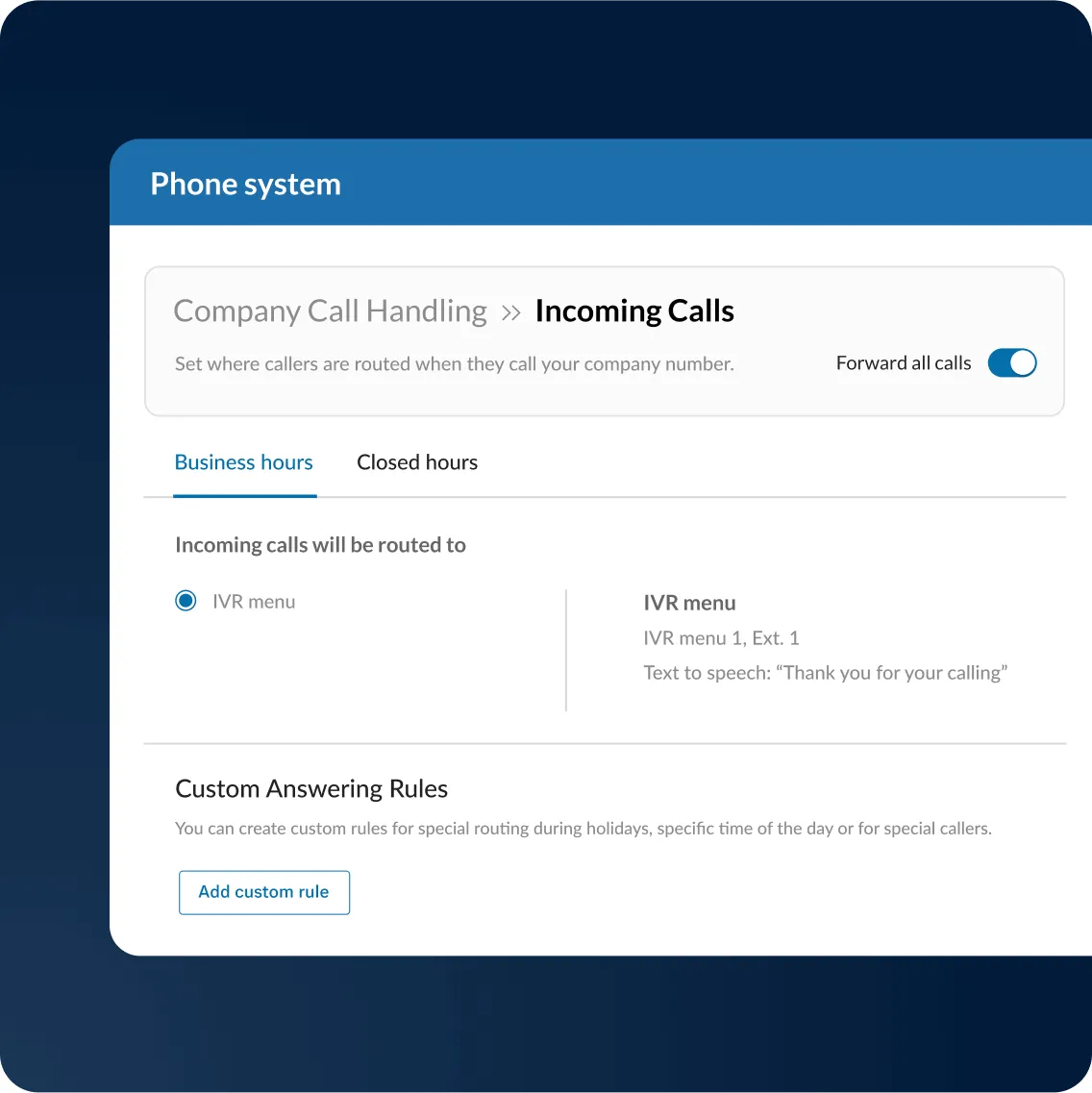 Auto-attendant settings of a RingCentral admin account
