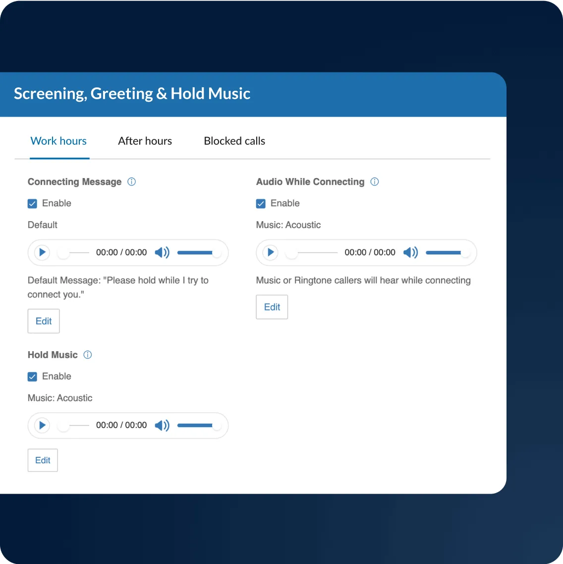 The Screening, Greetings & Hold Music settings in the RingCentral app