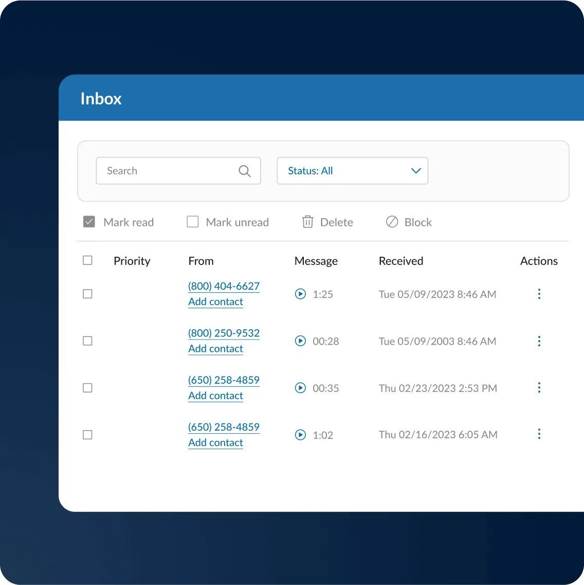 A list of voicemails received in the RingCentral app inbox