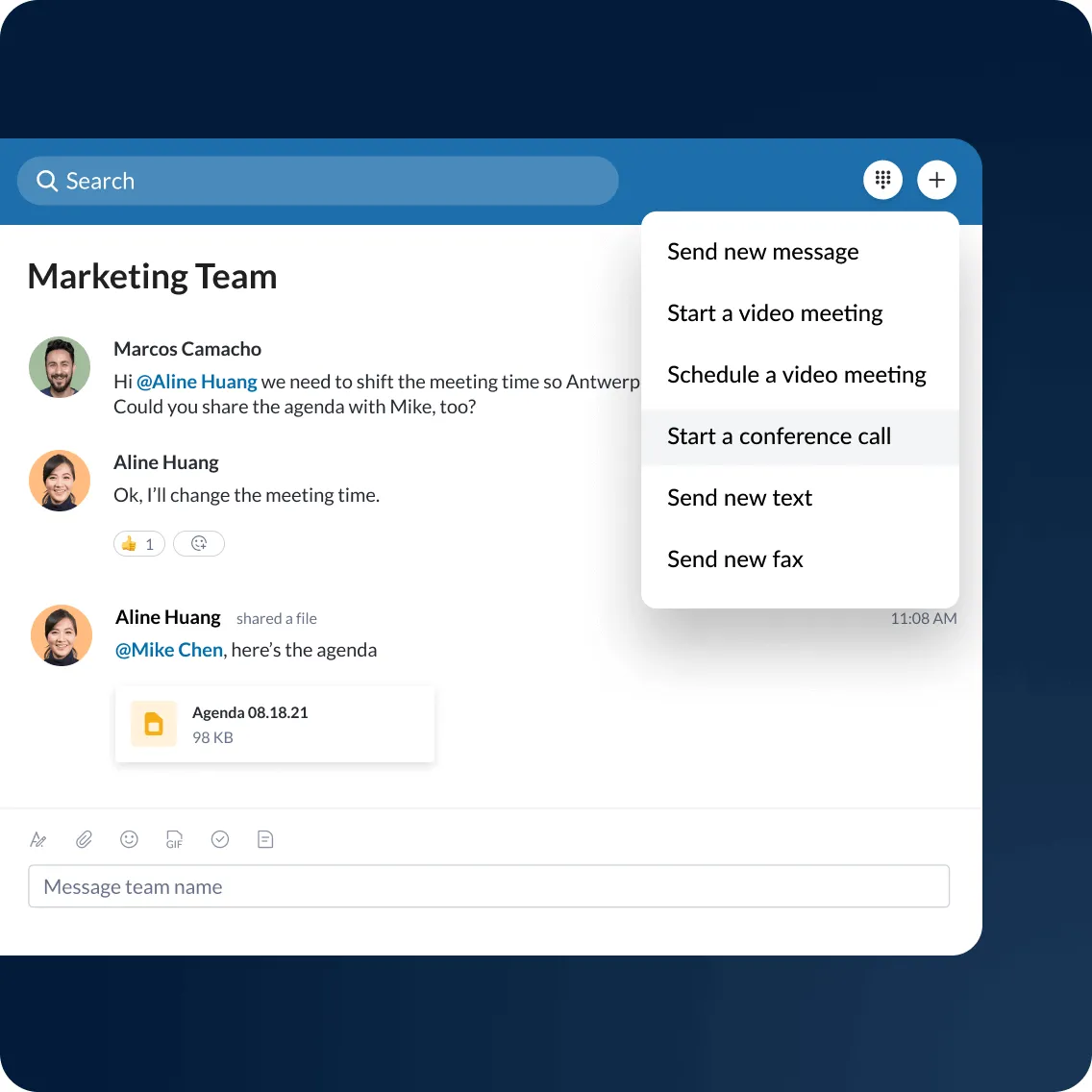 A marketing team about to start a conference call in the RingCentral app