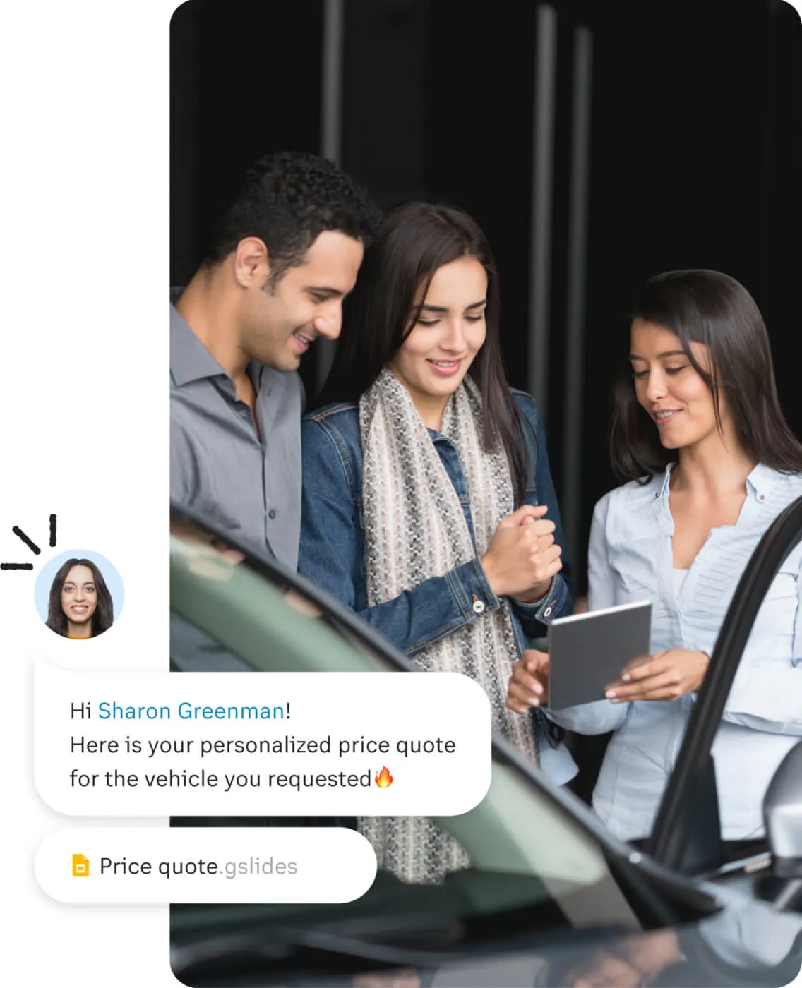 An automotive sales rep using the RingCentral App to send messages and files to customers