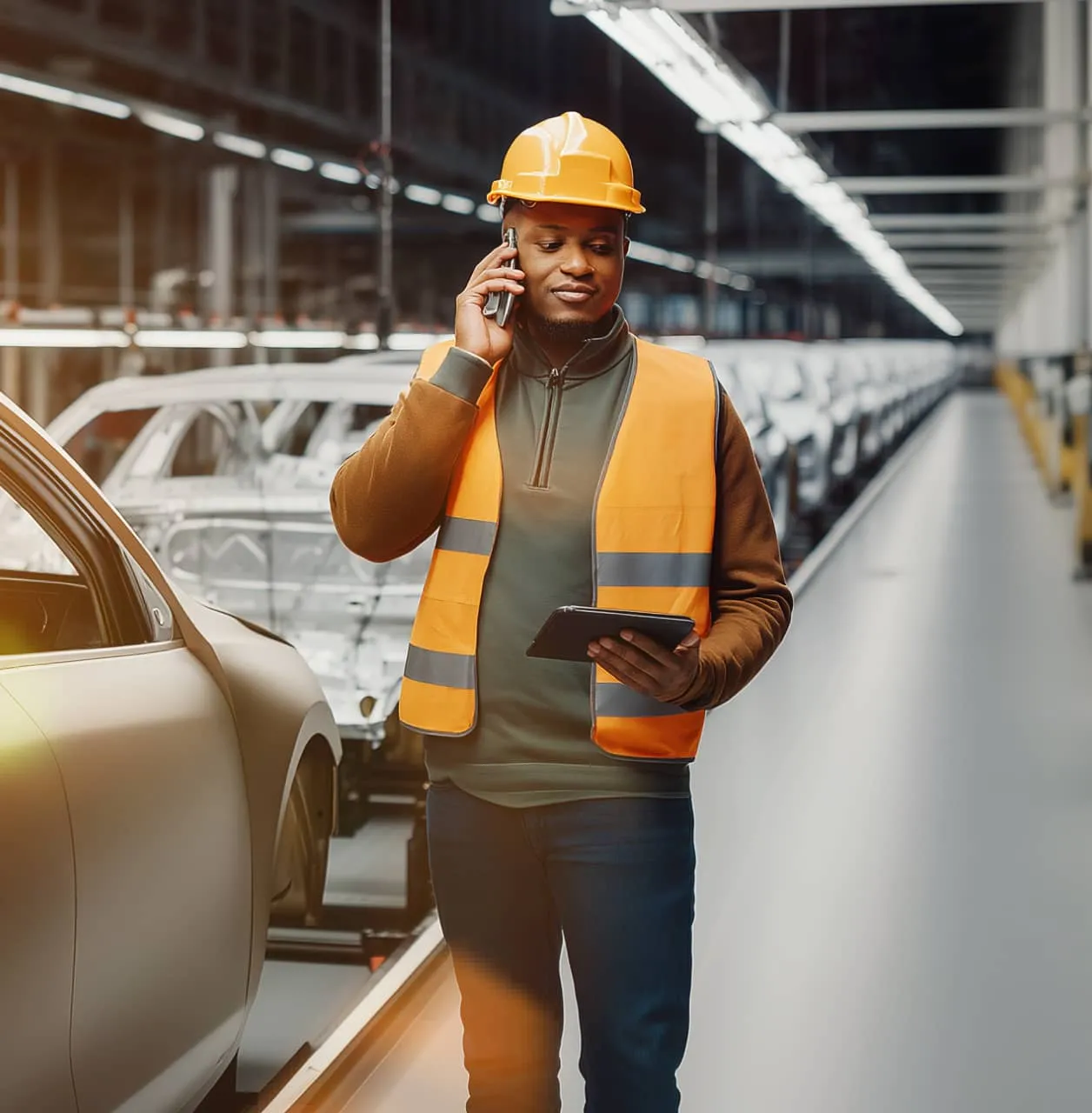 Floor supervisor is taking a call while overseeing the production line at a manufacturing plant.