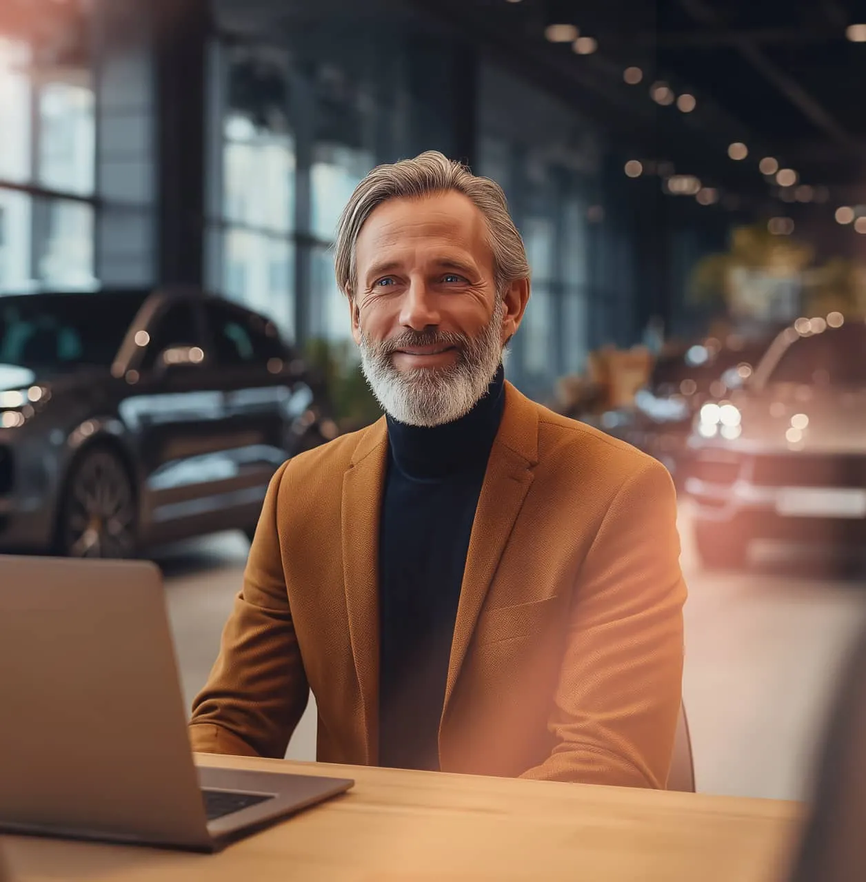 A smiling dealership employee sits at a desk.