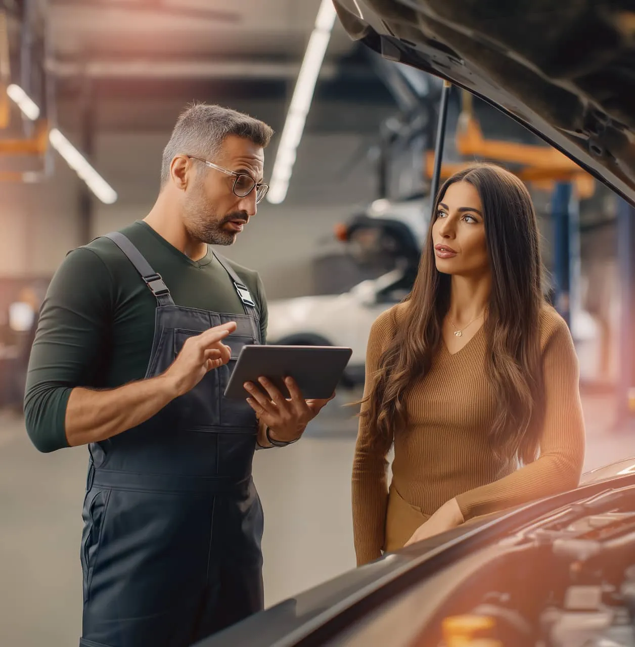 A mechanic discusses car repairs with a customer.
