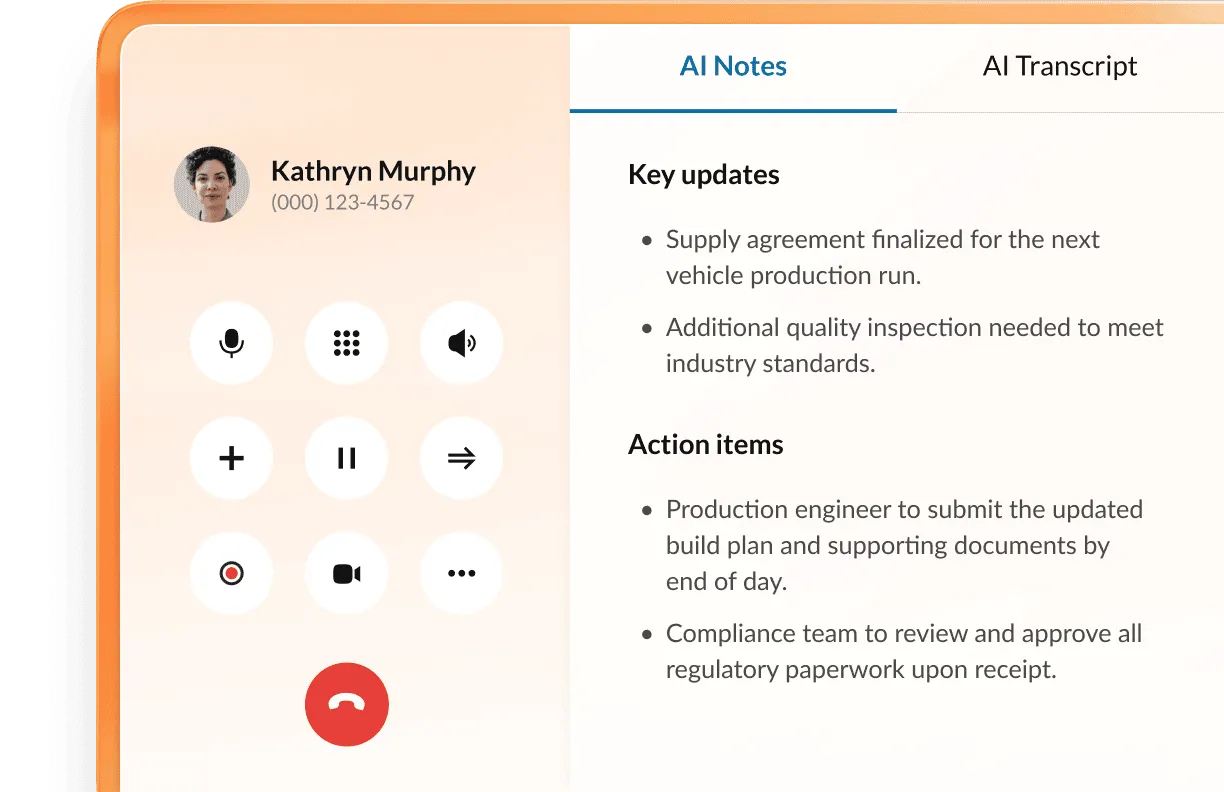 UI showing AI Notes and AI Transcript features which summarize calls and action-items.