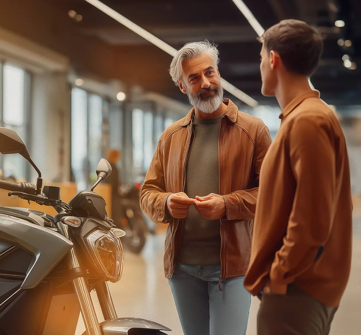 A salesman and a customer are discussing a motorcycle on the dealership floor.
