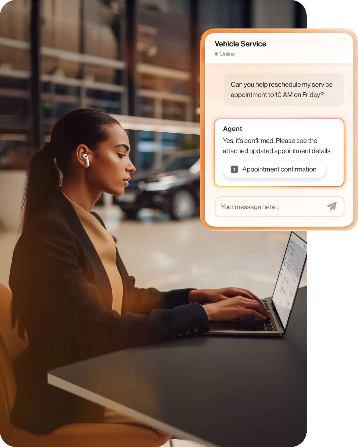 Dealership employee is confirming appointment details on a laptop via RingCentral app.