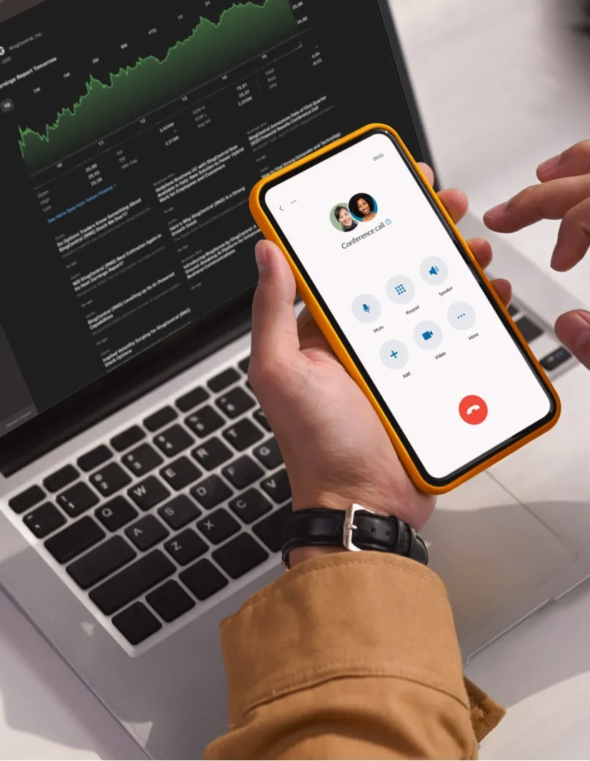 A mobile phone currently opened in a RingCentral conference call